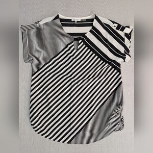 Calvin Klein Women's M Black White Striped Blouse 100% Polyester Short Sleeve